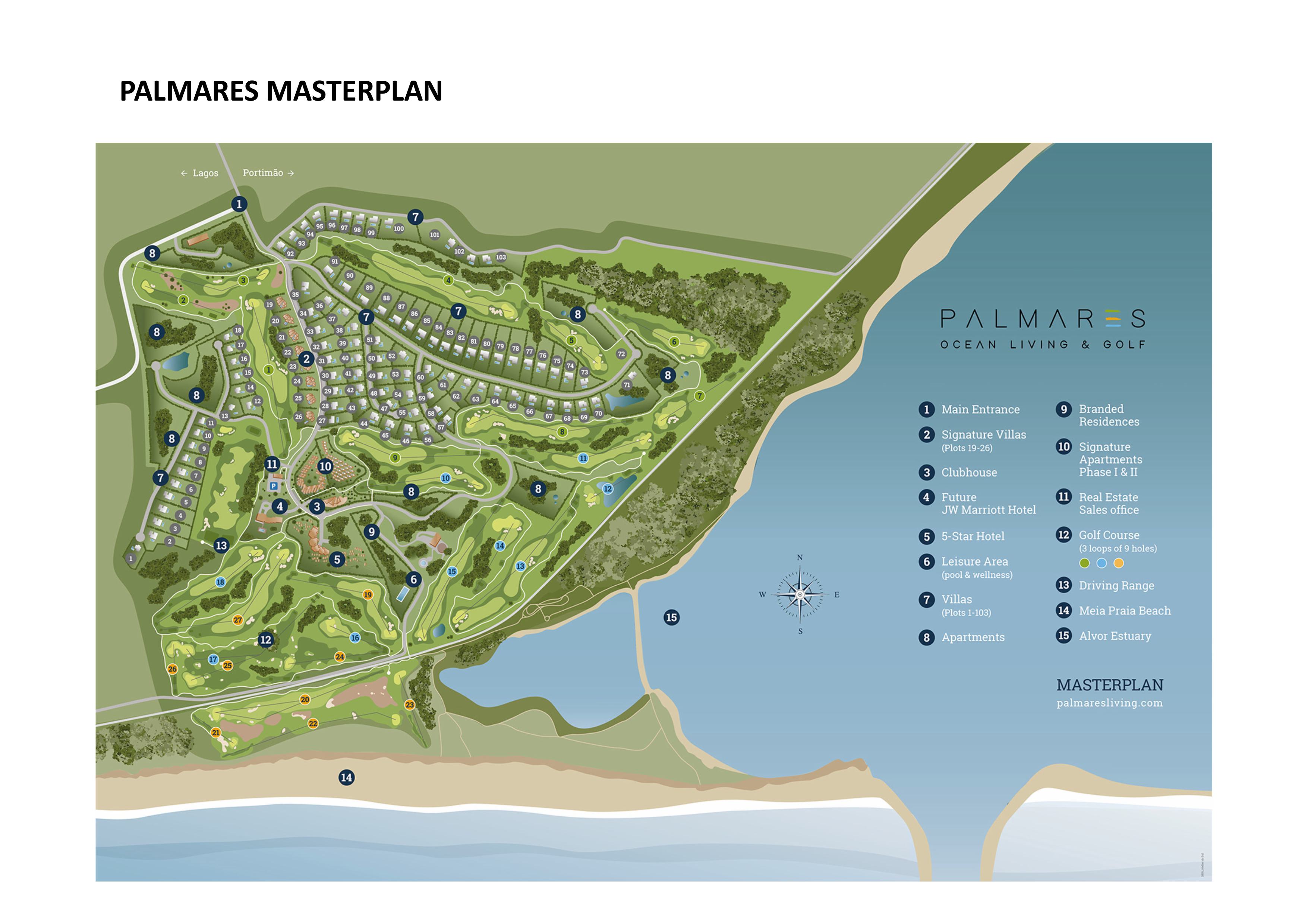 Palmares Golf Resort masterplan showing plots, villas, apartments, clubhouse, hotels, golf course and beach access
